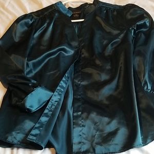 Dark blue green silky button up v-neck blouse